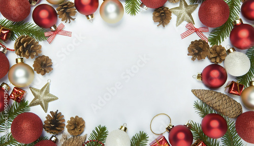 Christmas white background with Christmas balls and decorations in a circle in the shape of a wreath