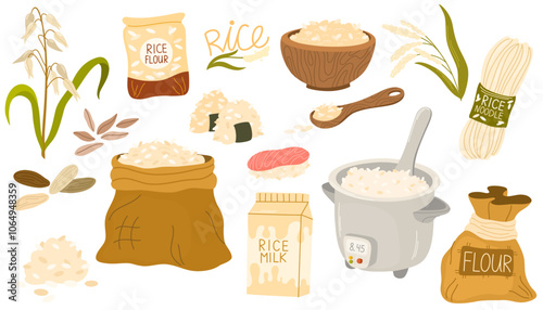 Rice vector icon set. Cereal products, various breakfast grains, stalks, boxes, and sacks with flour. Rice products, noodles, sushi, flour. Rice variety, plants from plantation, products. Vector