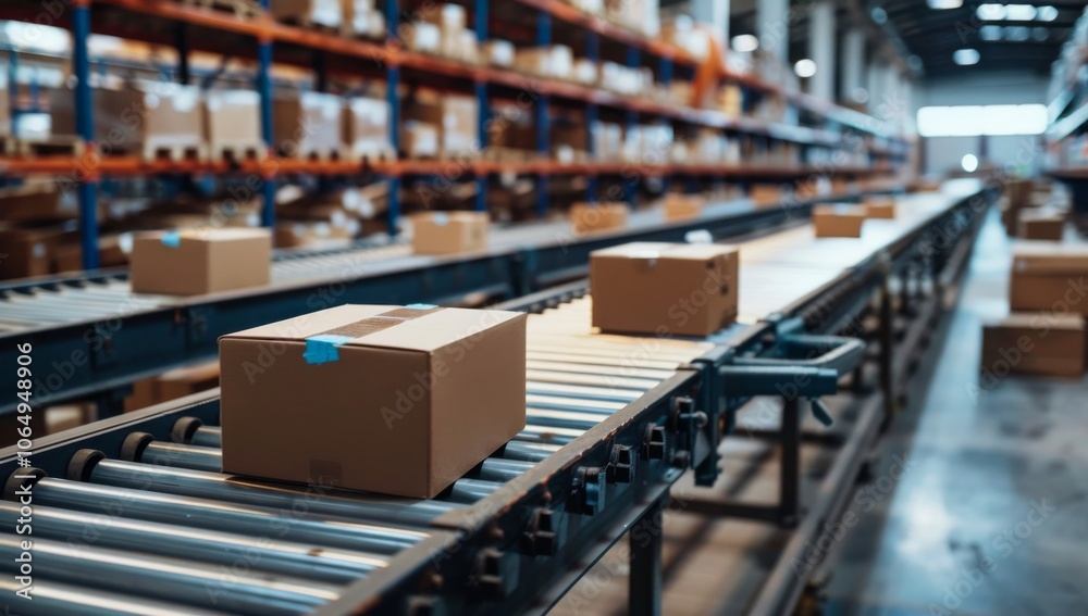 Fototapeta premium Image of an automated warehouse showing a conveyor system with cardboard boxes. This industrial setup highlights efficient package sorting and distribution methods in a modern facility.