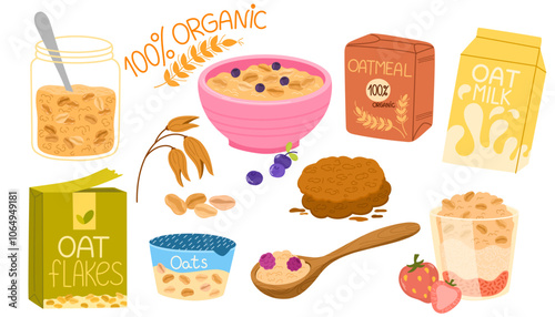 Oatmeal breakfast, porridge, oat flakes in box, bowl with fruit and berries in milk, jar of granola set. Healthy food, grains, ripe plant, spoon with nourishment concept. Cartoon vector illustration 