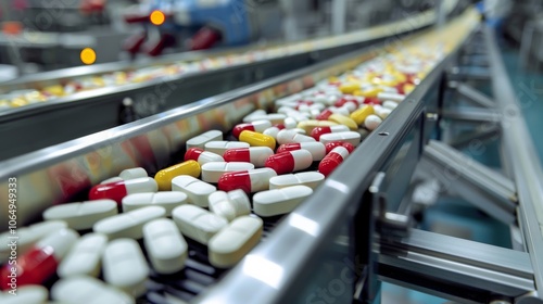 A close-up view of a pharmaceutical conveyor belt transporting assorted pills in a modern production facility, showcasing advanced manufacturing processes in the pharmaceutical industry.