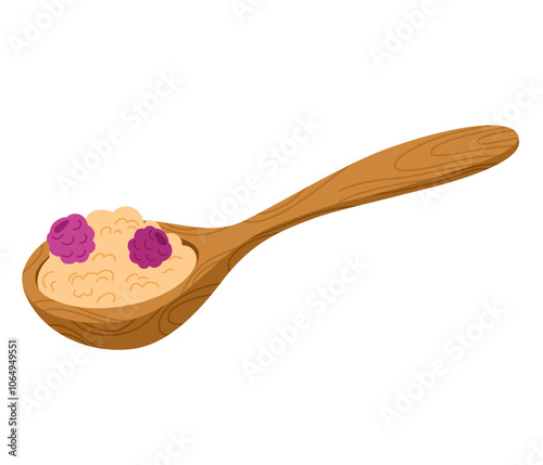 Oatmeal porridge in spoon. Healthy cereal breakfast icon. Oat flakes snack, delicious tasty nutrition, snack. Cartoon vector illustration isolated on the white background. 