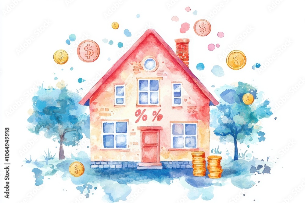 Fototapeta premium A colorful watercolor illustration of a house surrounded by money symbols, representing real estate investment and finance.