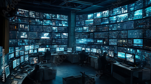 Control room filled with monitors displaying data and surveillance footage.