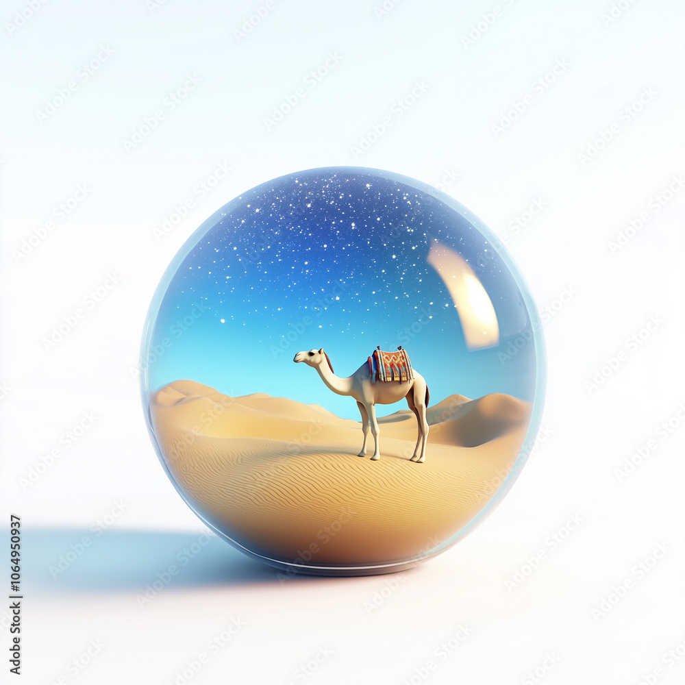 Fototapeta premium A desert landscape with a camel inside glass ball