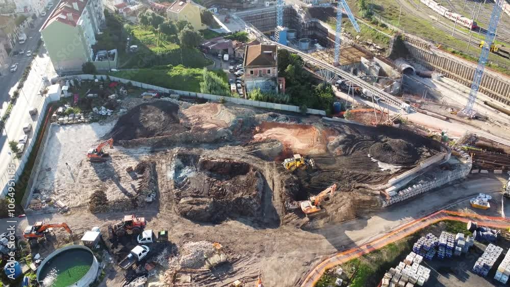Imagem aérea de uma área de construção industrial com grandes caminhões e guindastes, destacando a movimentação no solo.