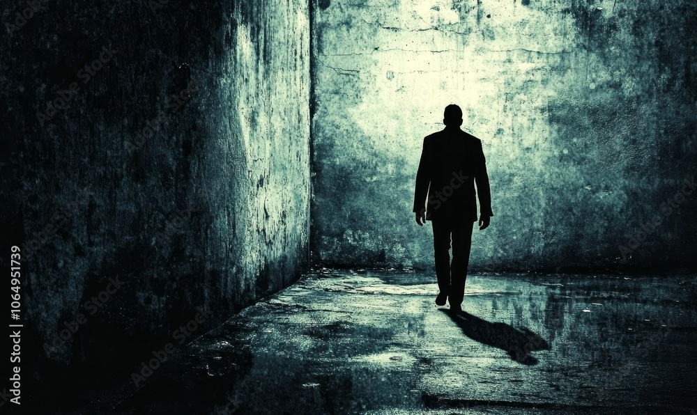 Obraz premium Man walks in dark, gritty corridor.