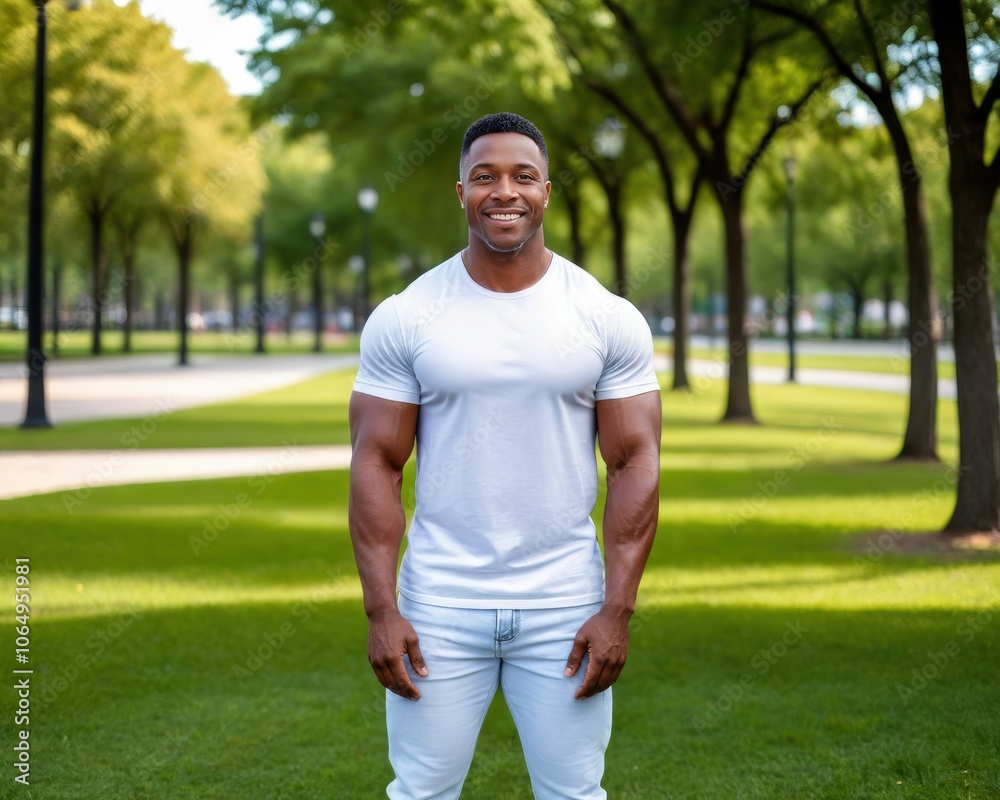 Muscular black man wearing white t-shirt and jeans standing in the park Muscular black man wearing white t-shirt and jeans standing in the park