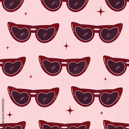 Seamless vector pattern with heart shaped funky sunglasses in retro style. Funny glasses on pink background. Y2k girly texture