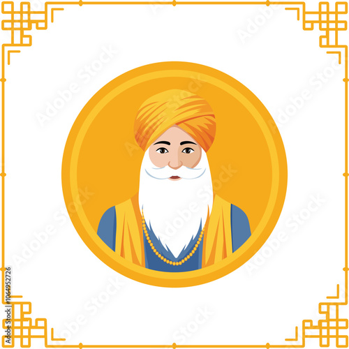 Happy Guru Nanak Jayanti Greeting Card with Guru Nanak Dev Ji Character on Yellow and White Background and Copy Space.