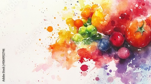 Abstract vegetable illustrations create a vibrant, artistic representation of food in watercolor. This composition includes plenty of space for text or graphics, ideal for culinary projects. photo