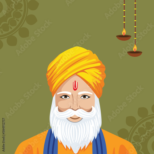 Happy Guru Nanak Jayanti Greeting Card with Guru Nanak Dev Ji Character, Lit Oil Lamps (Diya) Hang on Olive Green Background and Copy Space.