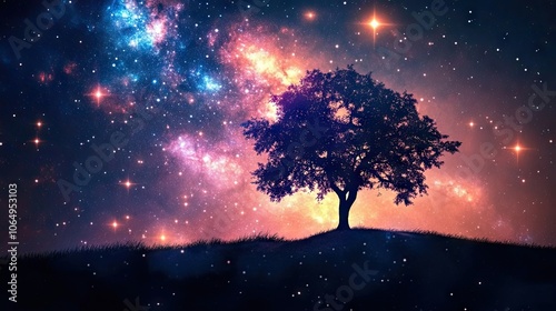 Starry night sky adorned with twinkling stars and a mesmerizing galaxy, offering a breathtaking view of cosmic beauty in a captivating scene with ample copy space.