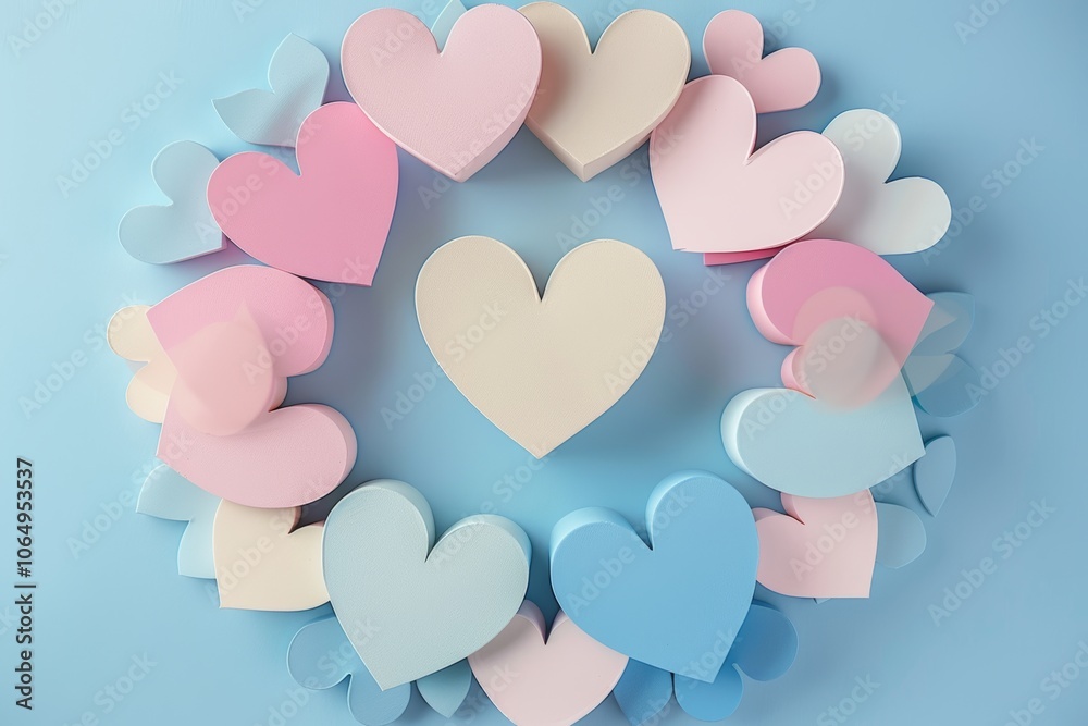Pastel heart-shaped boxes in circular arrangement on blue background Pastel heart-shaped boxes in circular arrangement on blue background
