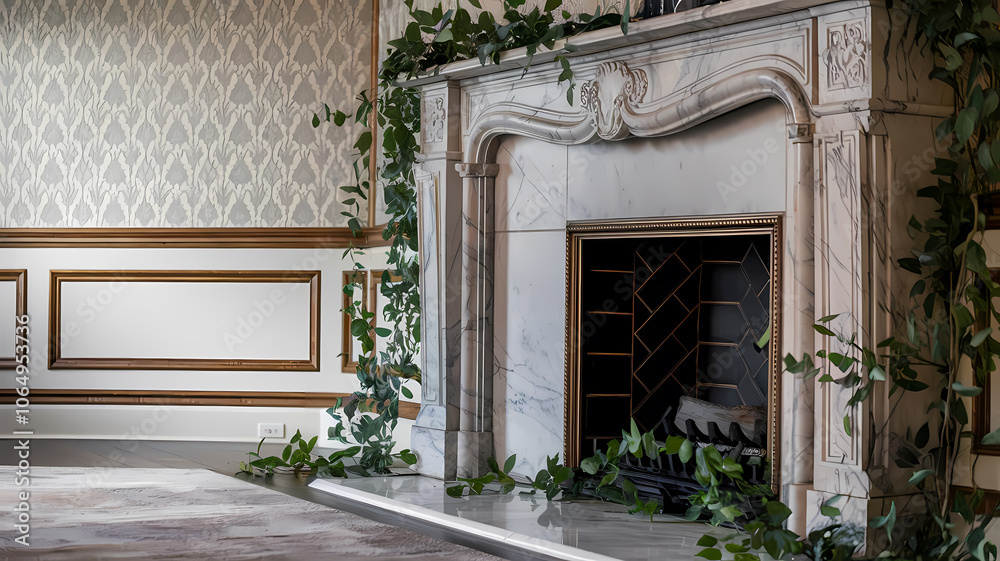Elegant marble fireplace surrounded by lush greenery in a stylishly decorated room with patterned wallpaper and classic wood accents. Elegant marble fireplace surrounded by lush greenery in a stylishly decorated room with patterned wallpaper and classic wood accents.
