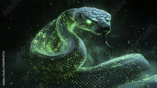 Imposing green King Cobra with glowing scales and fierce expression