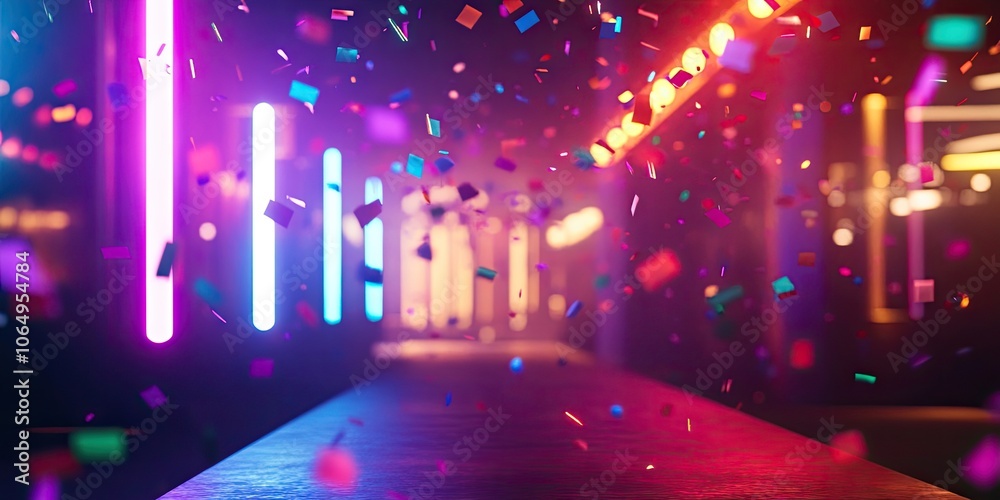 Casino themed background featuring vibrant neon lights and festive confetti, creating a party atmosphere for a gambling event, with space available for additional text.