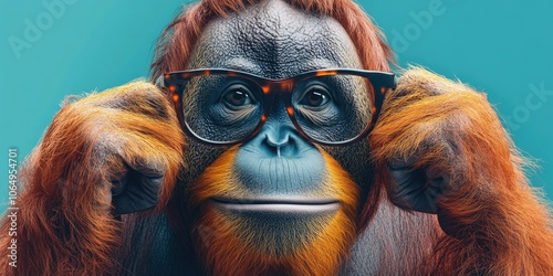 Illustration of an orangutan wearing glasses, showcasing a playful and whimsical character while highlighting the unique charm of both the animal and the accessory. photo