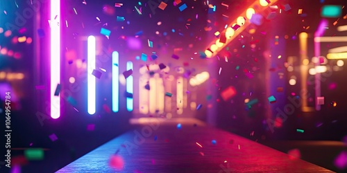 Obraz na płótnie Casino themed background featuring vibrant neon lights and festive confetti, creating a party atmosphere for a gambling event, with space available for additional text. w salonie