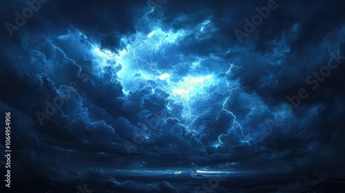 Lightning illuminates storm clouds in the sky, creating a dramatic atmosphere. Storm clouds gather overhead, with flashes of lightning adding intensity in the vast, open space.