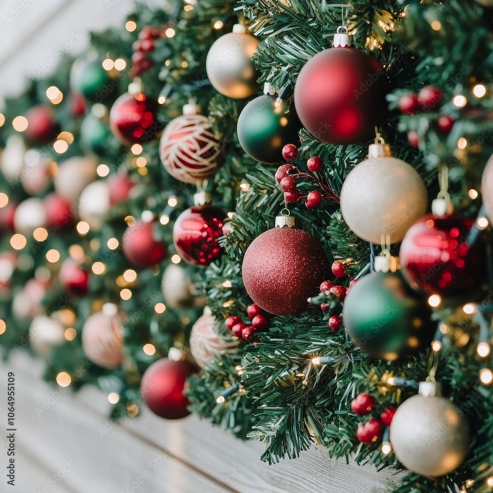 A festive arrangement of green garlands adorned with colorful ornaments, including red, green, and gold, surrounded by warm lights. A festive arrangement of green garlands adorned with colorful ornaments, including red, green, and gold, surrounded by warm lights.