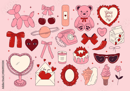 Set of coquette girly elements in pink and red color. Vintage mirror, cake, bear toy, telephone, bows, cherry in hand drawn outline style. Cute romantic accessories. Vector graphic
