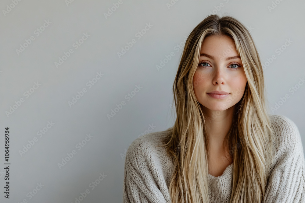 A beautiful young blonde woman with long, straight hair stands in a casual sweater. A beautiful young blonde woman with long, straight hair stands in a casual sweater.