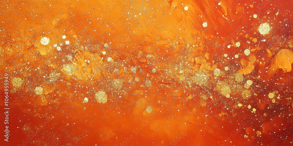A vibrant orange backdrop adorned with sparkling golden glitter conveys a sense of luxury and elegance. This shiny glittery texture features abstract golden sparkles. A vibrant orange backdrop adorned with sparkling golden glitter conveys a sense of luxury and elegance. This shiny glittery texture features abstract golden sparkles.