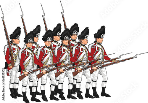 Illustration of British grenadiers in traditional 18th-century uniforms, marching in formation with bayonets attached to muskets. The soldiers wear red coats, white breeches, and tall black fur hats.