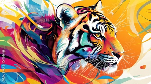 Vibrant animal design with colorful lines, swirls, and brushes creates a dynamic background, perfect for highlighting the beauty of wildlife in this engaging image. photo