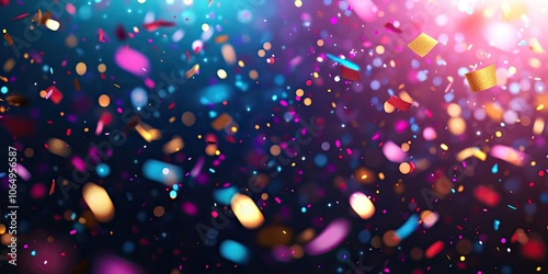 Casino themed background featuring vibrant neon lights and festive confetti, creating a party atmosphere for a gambling event, with space available for additional text.