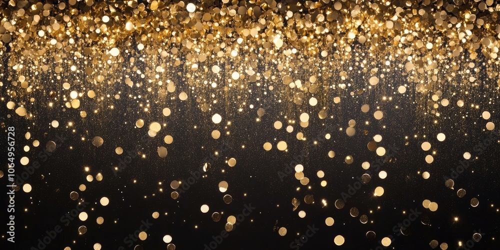 Shimmering gold confetti cascades down over a deep, dark backdrop, creating a dazzling effect as it sparkles and contrasts with the darkness. Shimmering gold confetti cascades down over a deep, dark backdrop, creating a dazzling effect as it sparkles and contrasts with the darkness.