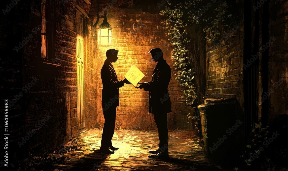 Fototapeta premium Two men exchange an object in a dark alley.