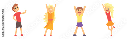 Happy Boy and Girl Kid Cheering and Rejoice Vector Set