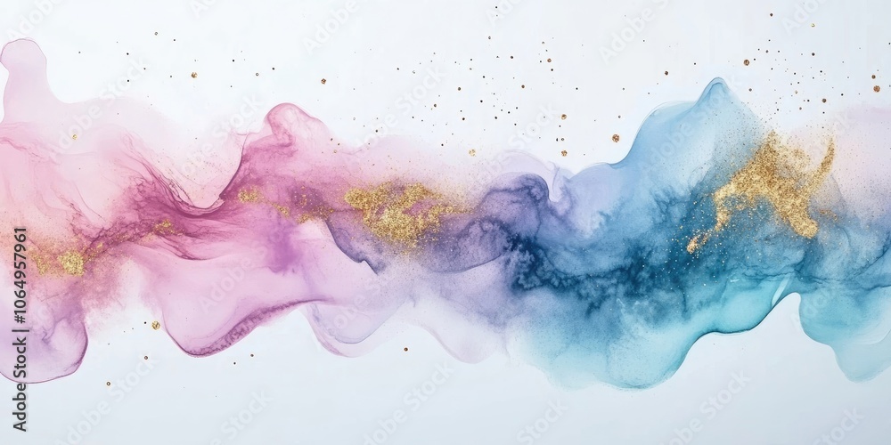 Obraz premium A gradient banner created with watercolor in soft pastel hues coupled with a luxurious golden sparkle shimmer, featuring an abstract texture.
