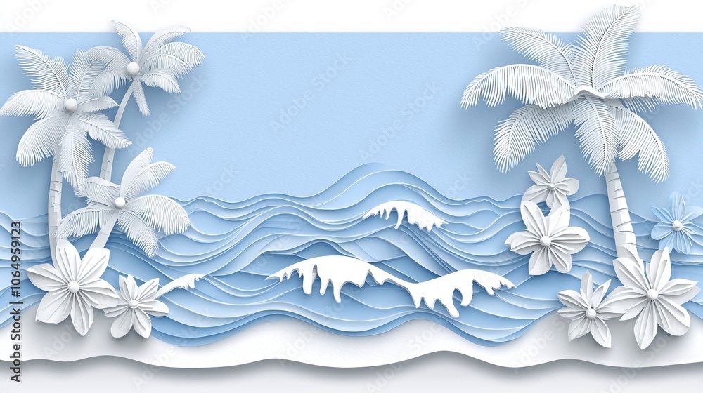 Tropical beach scene in paper cut style with palm trees and waves, middle area empty for inserting a message. Tropical beach scene in paper cut style with palm trees and waves, middle area empty for inserting a message.