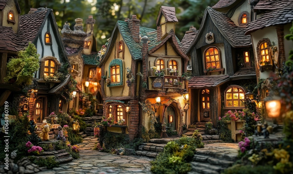 A miniature village with lit windows and cobblestone streets.