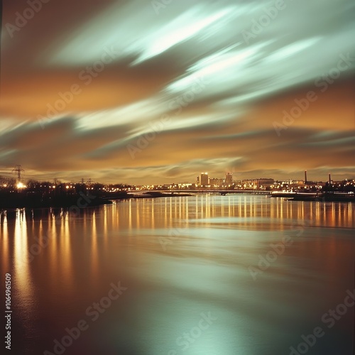 Evening view of Neva River with city lights reflecting off clouds, St. Petersburg.