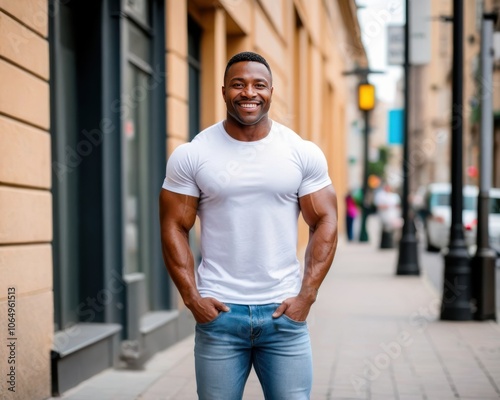 Muscular black man wearing white t-shirt and jeans standing on the street