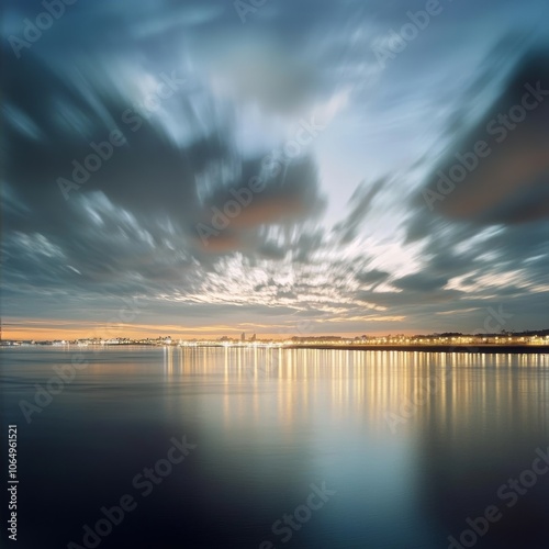 Evening Neva River, city lights on clouds.