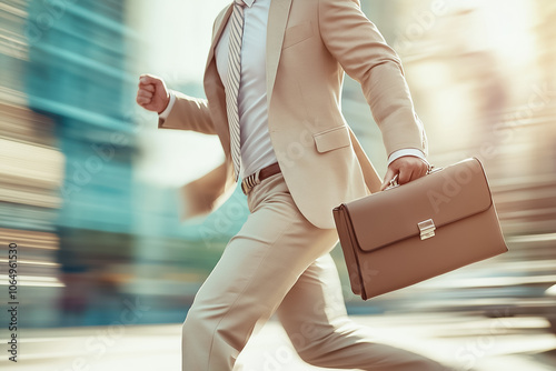 A professional man hurries down a vibrant city street, carrying a briefcase, showcasing a busy workday photo