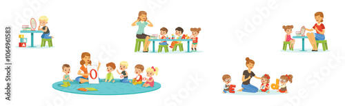 Preschool Boy and Girl Sitting on the Floor with Alphabet Letter Vector Set