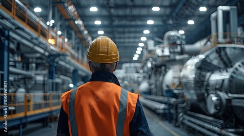 An industrial engineer in safety gear inspecting machinery within a large plant, embodying the concept of maintenance operations