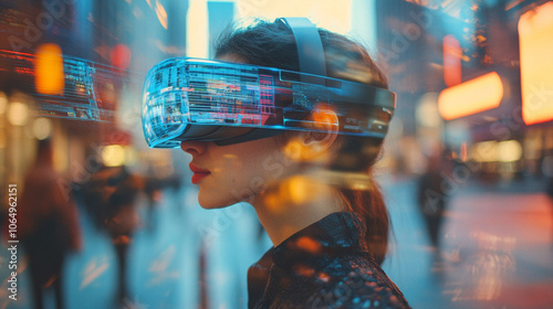 Virtual reality. Young woman wearing VR goggles Double exposure - virtual city in the background	 photo