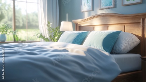 Sunlit Serenity: Tranquil Bedroom Scene with Cozy Bed and Nature View