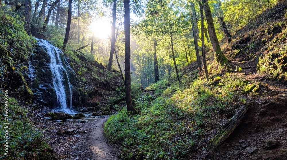 A cascading waterfall in a lush green forest with a pathway leading towards it. Sunbeams pierce through the canopy, illuminating the scene. A cascading waterfall in a lush green forest with a pathway leading towards it. Sunbeams pierce through the canopy, illuminating the scene.