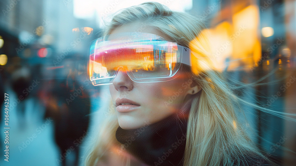 Virtual reality. Young blonde woman wearing VR goggles Double exposure - virtual city in the background	