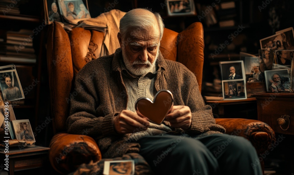 Old man holding heart shape in armchair. Old man holding heart shape in armchair.