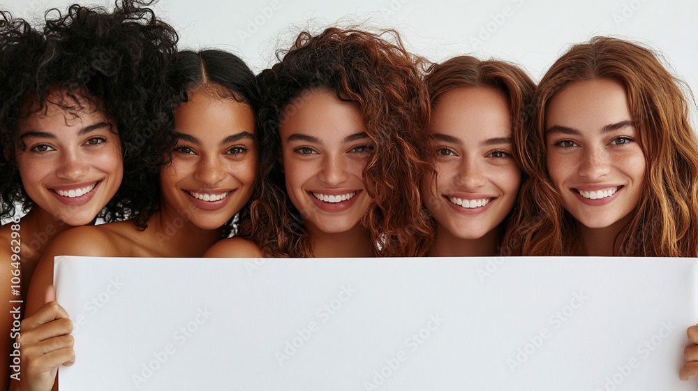 Group od young, smiling women holding white blank banner - copyspace. International Women's Day, sisterhood, empowerment Group od young, smiling women holding white blank banner - copyspace. International Women's Day, sisterhood, empowerment
