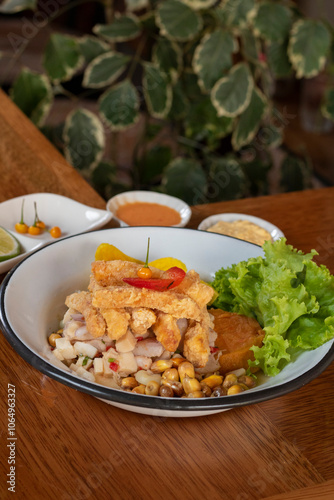 Ceviche carretillero de pescado con chicharrón de calamar Peruano photo